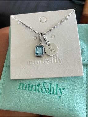 New Tarnish-free Mint & Lily Initial H & December Topaz birthstone necklace 18”